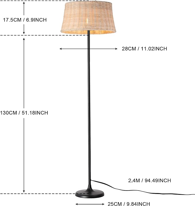 Lámpara de Pie  "SERENA" de Mimbre Bambú Natural Hecho a Mano, con Interruptor de Cable y Base E27 para Sala y Dormitorio