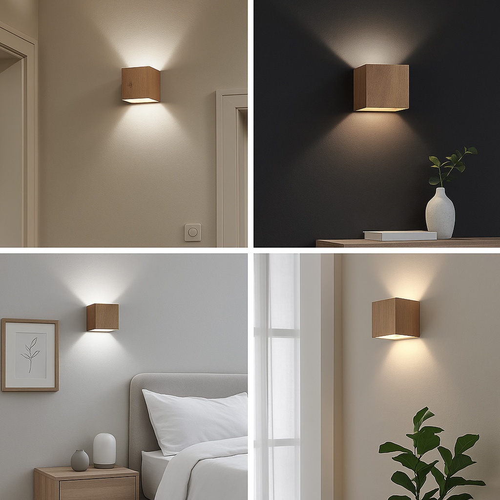 Aplique de Pared de Madera “CUBET” – Diseño en Cubo, Luz Arriba y Abajo, Casquillo E27