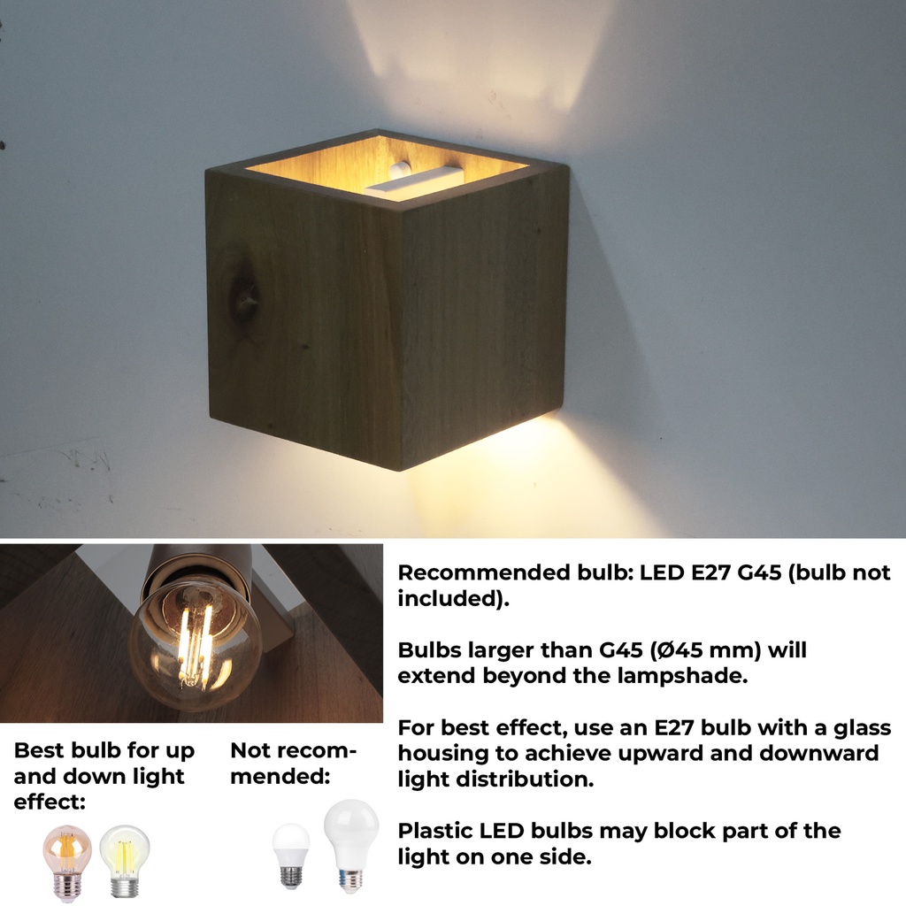 Aplique de Pared de Madera “CUBET” – Diseño en Cubo, Luz Arriba y Abajo, Casquillo E27