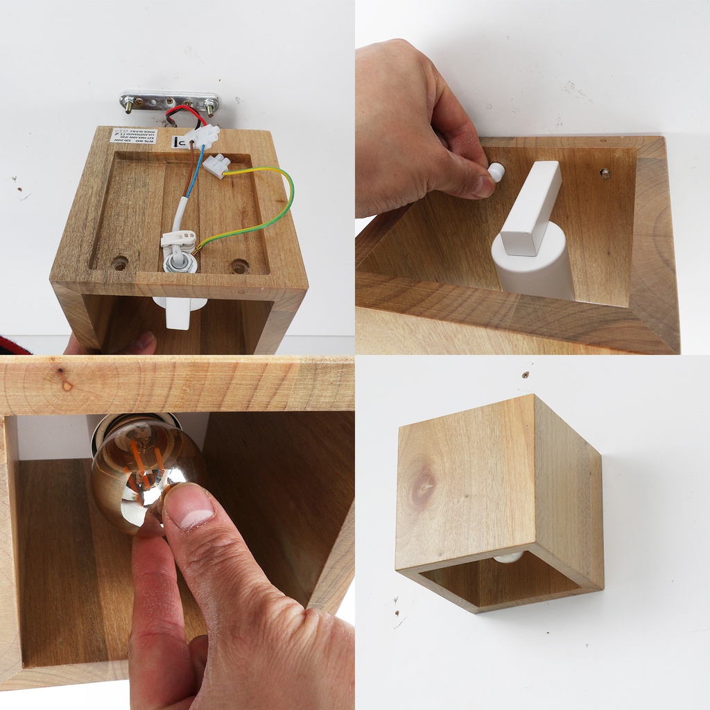 Aplique de Pared de Madera “CUBET” – Diseño en Cubo, Luz Arriba y Abajo, Casquillo E27