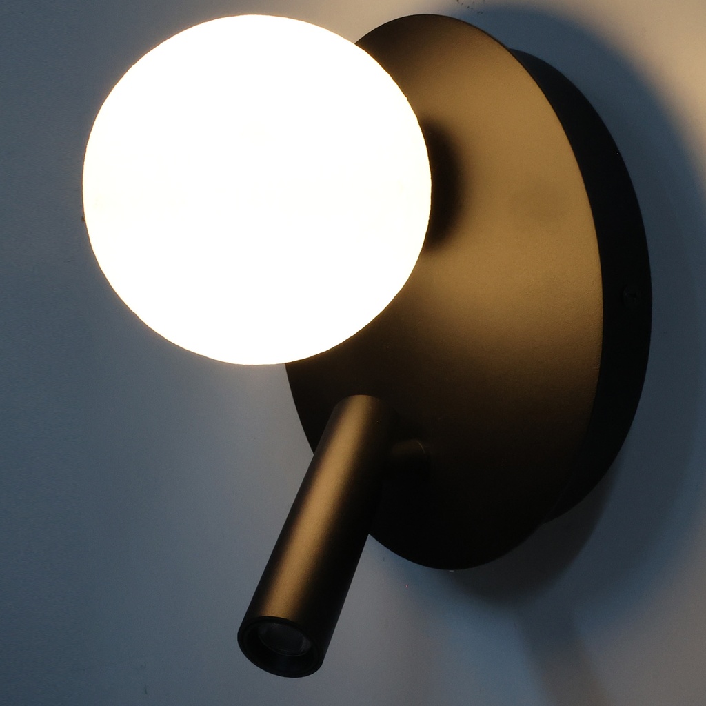Aplique Led circular metal negro con foco lectura orientable 3w y una bola impresora"LINDAU"