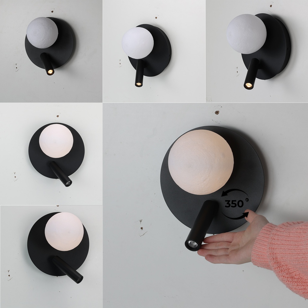 Aplique Led circular metal negro con foco lectura orientable 3w y una bola impresora"LINDAU"