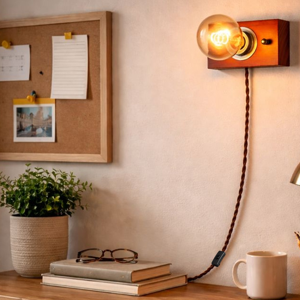 Aplique de madera rectangurar para pared con cable trenzada y enchufe, estilo retro, E27 “KAMA”