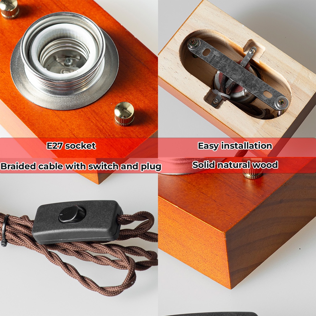 Aplique de madera rectangurar para pared con cable trenzada y enchufe, estilo retro, E27 “KAMA”