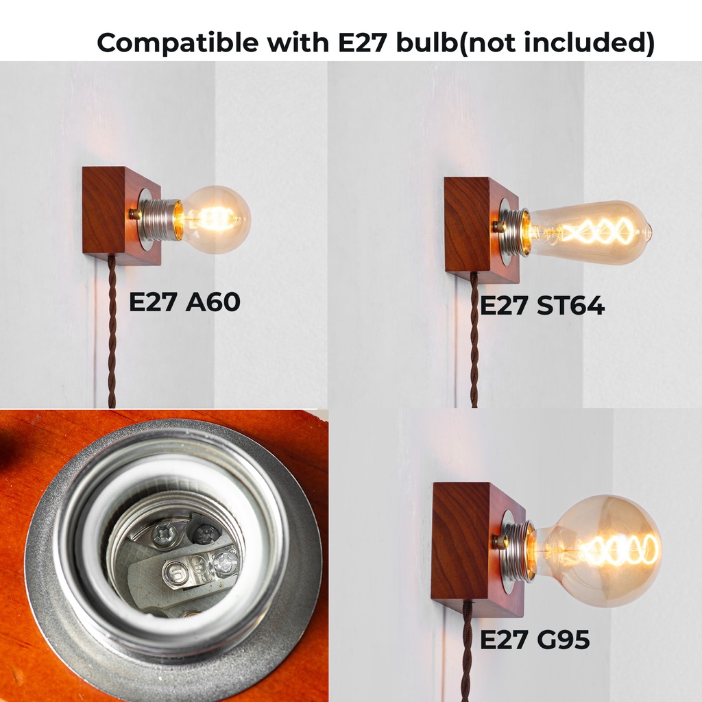 Aplique de madera rectangurar para pared con cable trenzada y enchufe, estilo retro, E27 “KAMA”