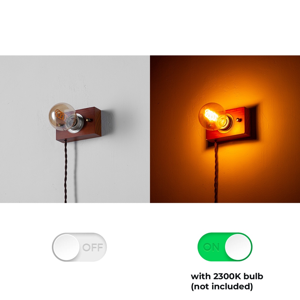 Aplique de madera rectangurar para pared con cable trenzada y enchufe, estilo retro, E27 “KAMA”