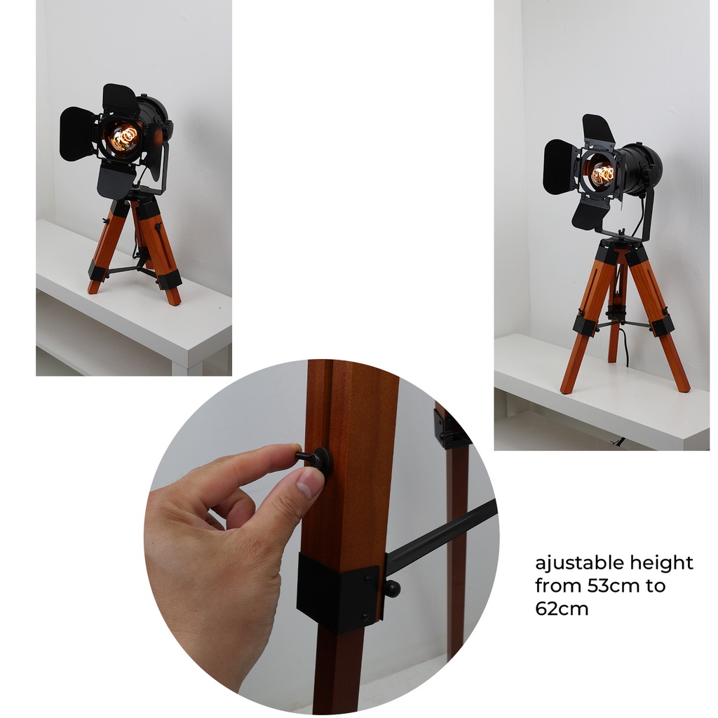 Lámpara de Mesa Vintage con Trípode Madera Inspirado Cinema "MINI GALA" 62cm