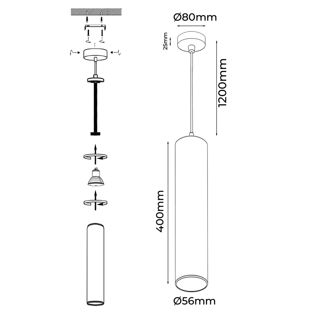 Lámpara Colgante de Techo Moderno Aluminio Minimalista en Forma de Tubo 40cm con Portalámpara GU10, Altura Ajustable"RIOM" 