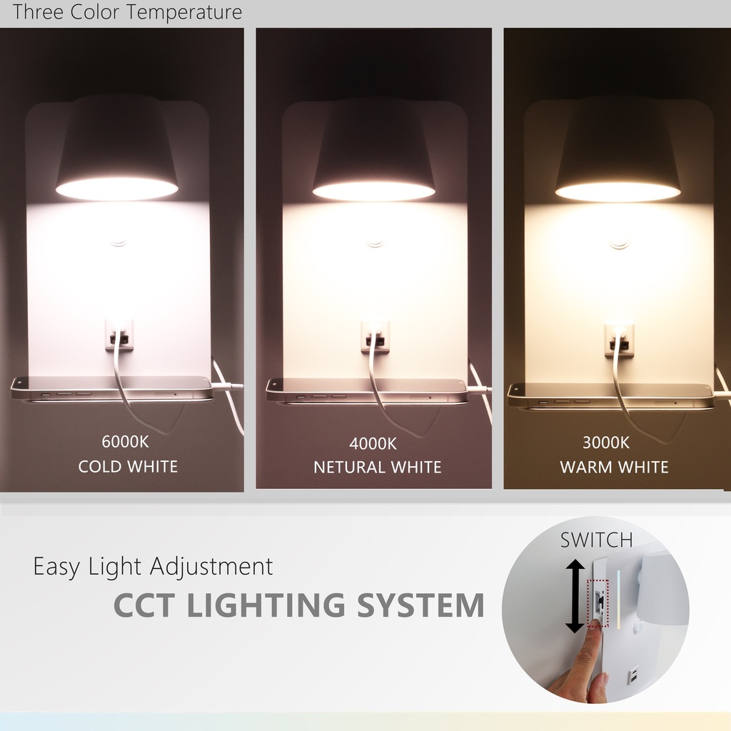 Aplique LED Orientable "BERNA" 6W con Interruptor y Carga USB y Type C, 3000K-4000K-6000K, Chips Osram, Driver KGP