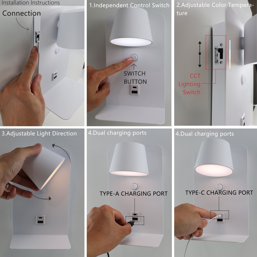 Aplique LED Orientable "BERNA" 6W con Interruptor y Carga USB y Type C, 3000K-4000K-6000K, Chips Osram, Driver KGP