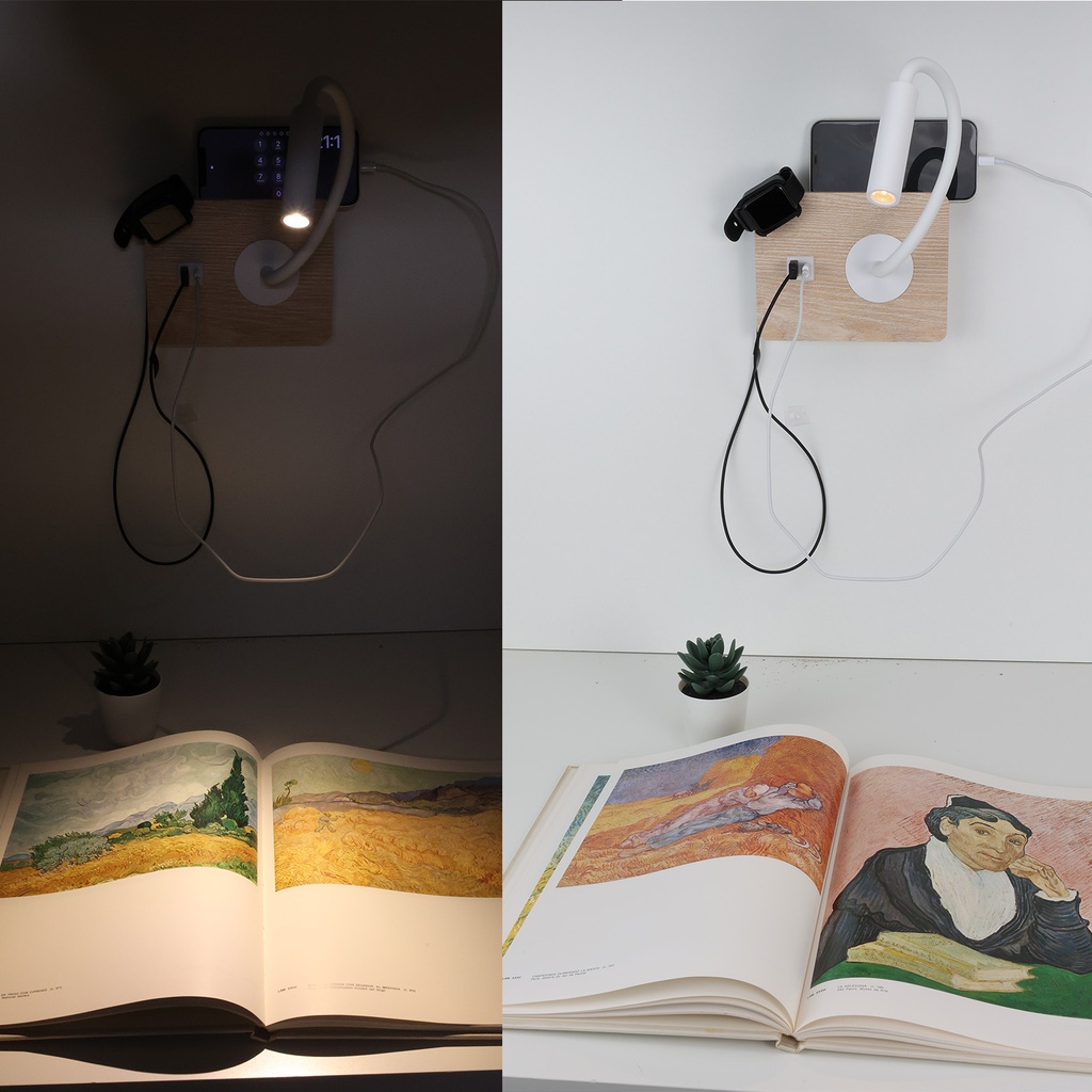 Aplique de Pared con Foco de Lectura Flexible 3W y Puerto USB y Type C e Interruptor con Chips CREE "MULÁN"