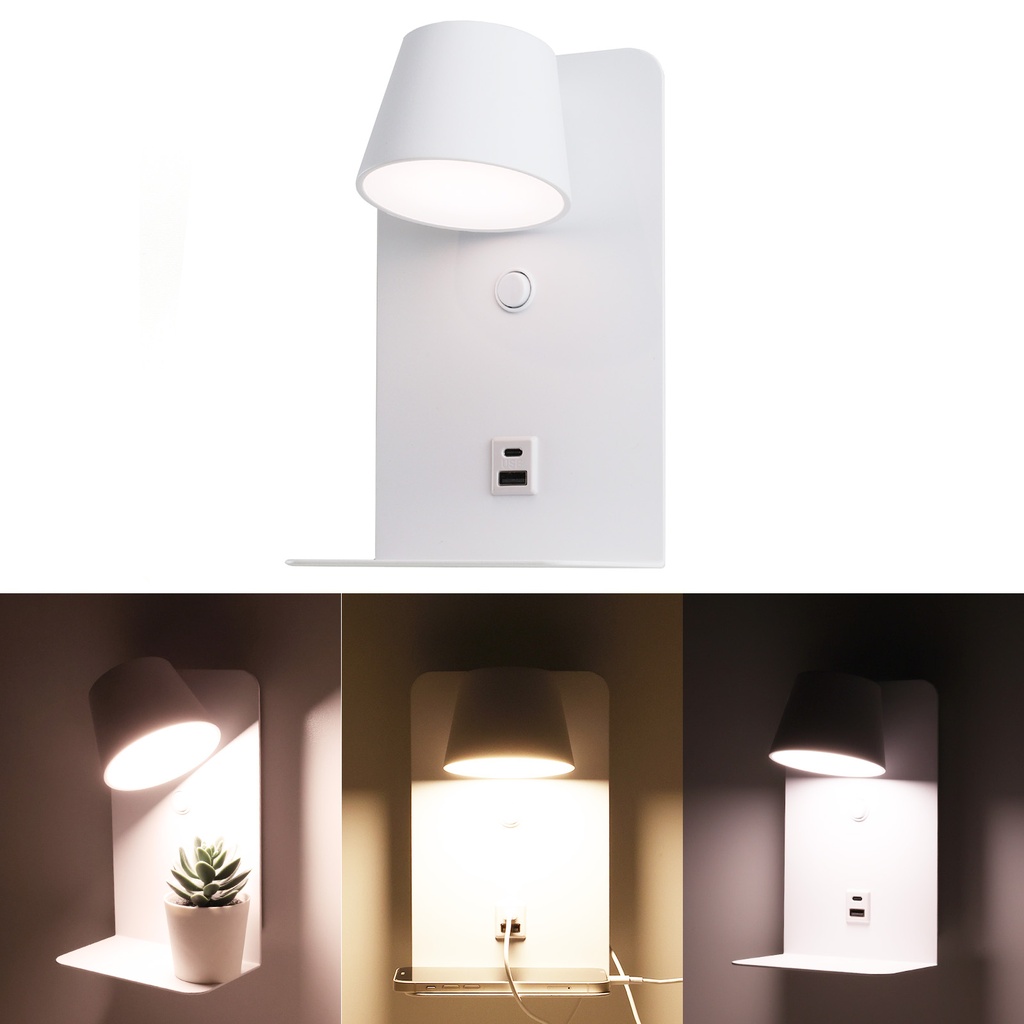 Aplique LED Orientable "BERNA" 6W con Interruptor y Carga USB y Type C, 3000K-4000K-6000K, Chips Osram, Driver KGP