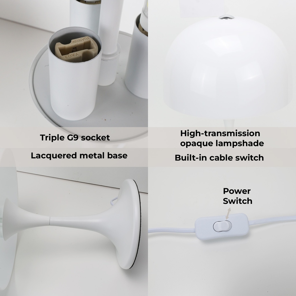 Lámpara de Mesa Moderna con 3 Luces, Pantalla de Vidrio Blanco y Base Metálica, Ideal para Dormitorio, Sala y Oficina "MEDUSA" G9*3