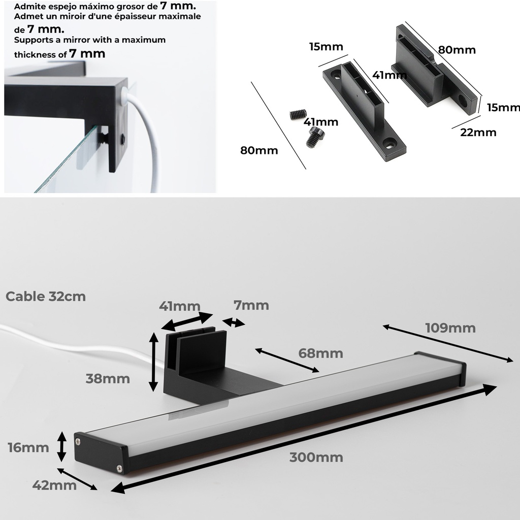 Aplique de pared LED para baño, espejo y mueble, diseño slim IP44, 8W, 30 cm, en aluminio con luz blanca neutra de 4000K
