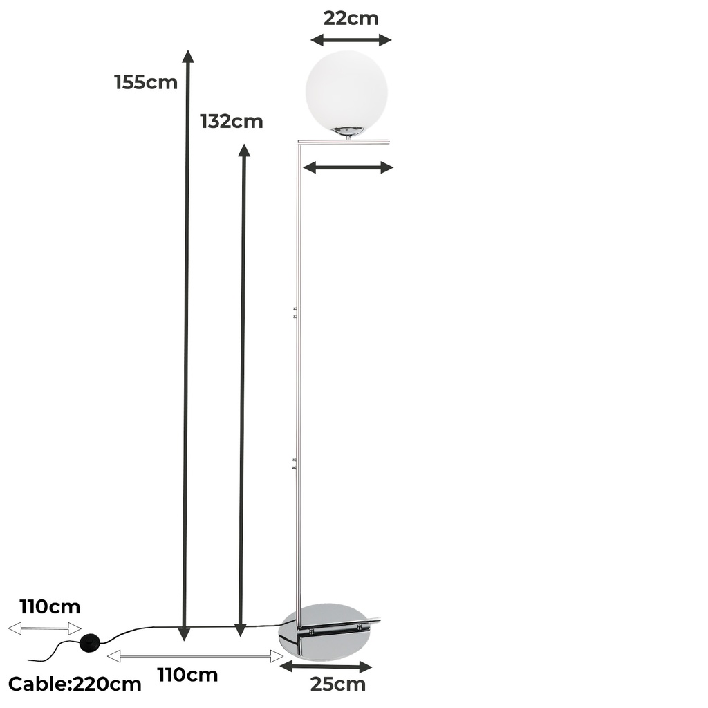 Lámpara de Pie Esférica "OLAYA" E27, Vidrio Blanco y Metal Dorado, Estilo Nórdico Moderno, ⌀22cm, para Sala y Dormitorio