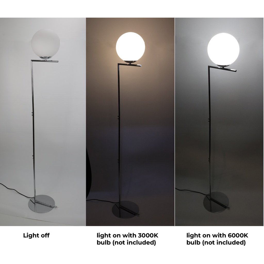 Lámpara de Pie Esférica "OLAYA" E27, Vidrio Blanco y Metal Dorado, Estilo Nórdico Moderno, ⌀22cm, para Sala y Dormitorio