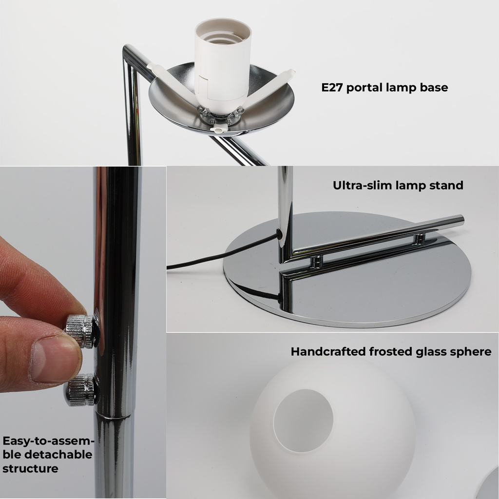 Lámpara de Pie Esférica "OLAYA" E27, Vidrio Blanco y Metal Dorado, Estilo Nórdico Moderno, ⌀22cm, para Sala y Dormitorio