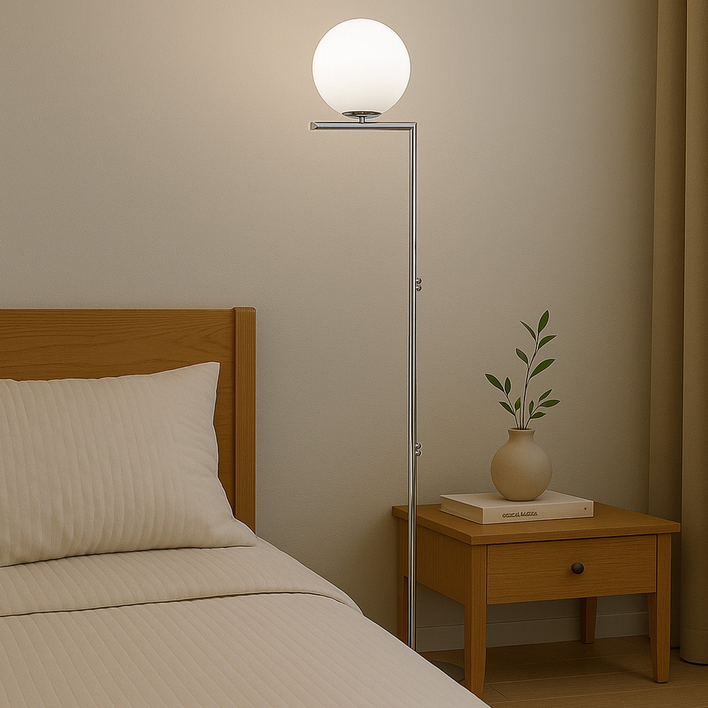 Lámpara de Pie Esférica "OLAYA" E27, Vidrio Blanco y Metal Dorado, Estilo Nórdico Moderno, ⌀22cm, para Sala y Dormitorio
