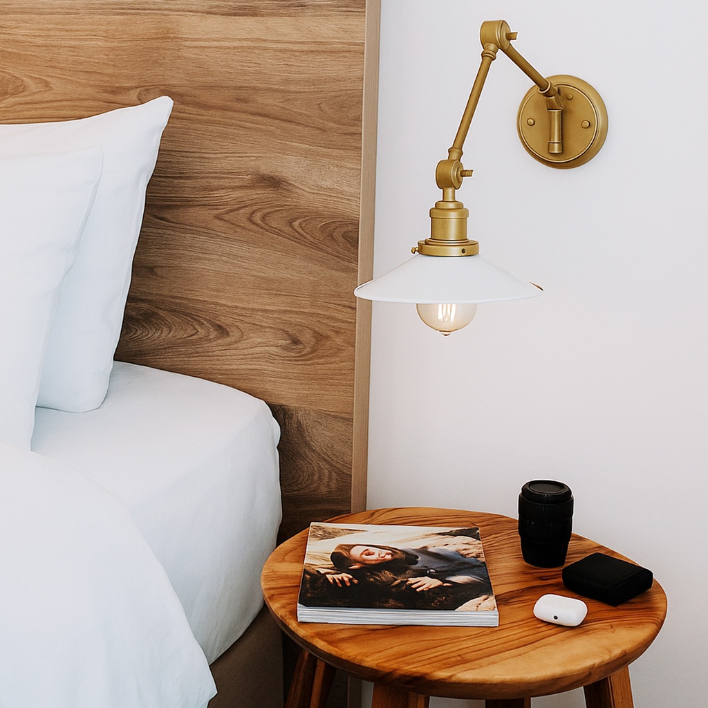 Aplique de pared dorado acabado de latón con brazo oscilante, vintage, orientable, para dormitorio, sala o estudio "Astral"-E27 