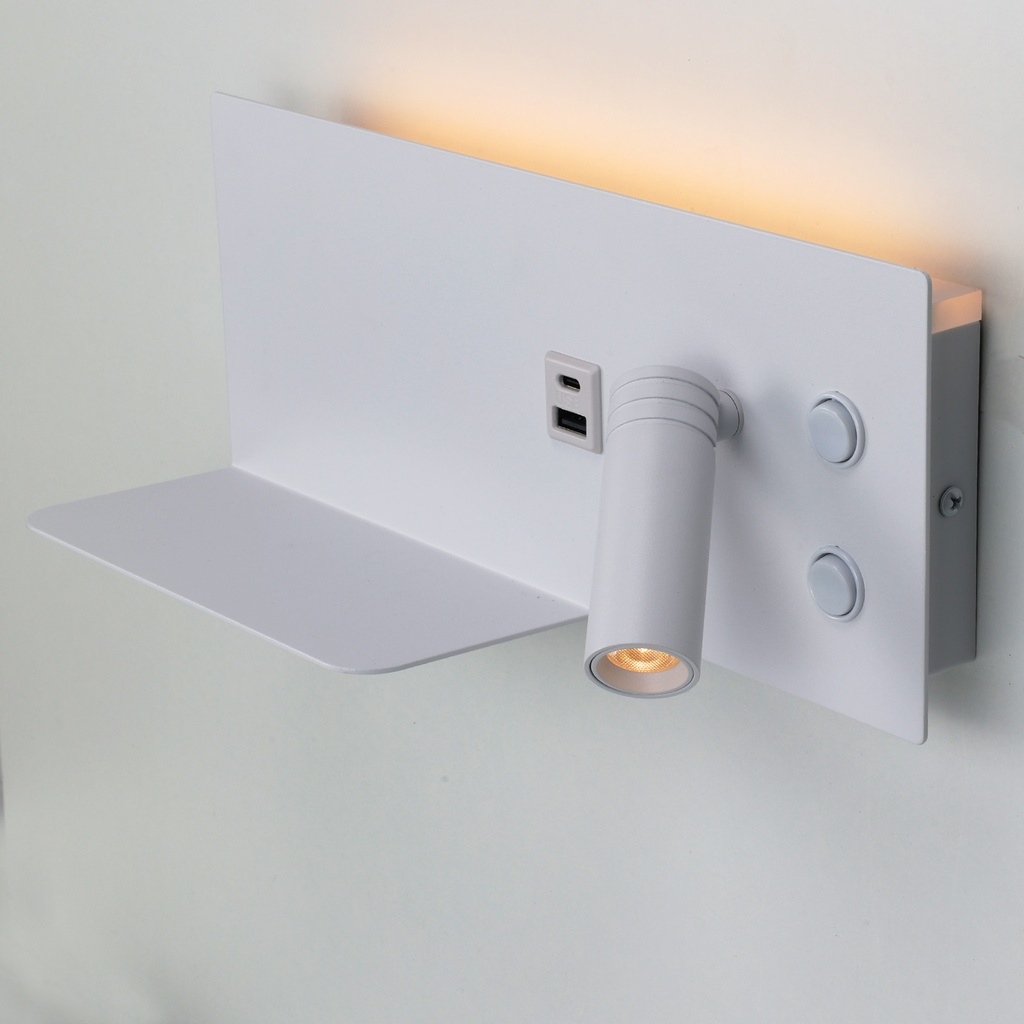 Aplique de pared para lectura con puerto USB - Iluminación ambiental 7W con foco lectura 3W 2700K "VIENA"(Izquierdo)