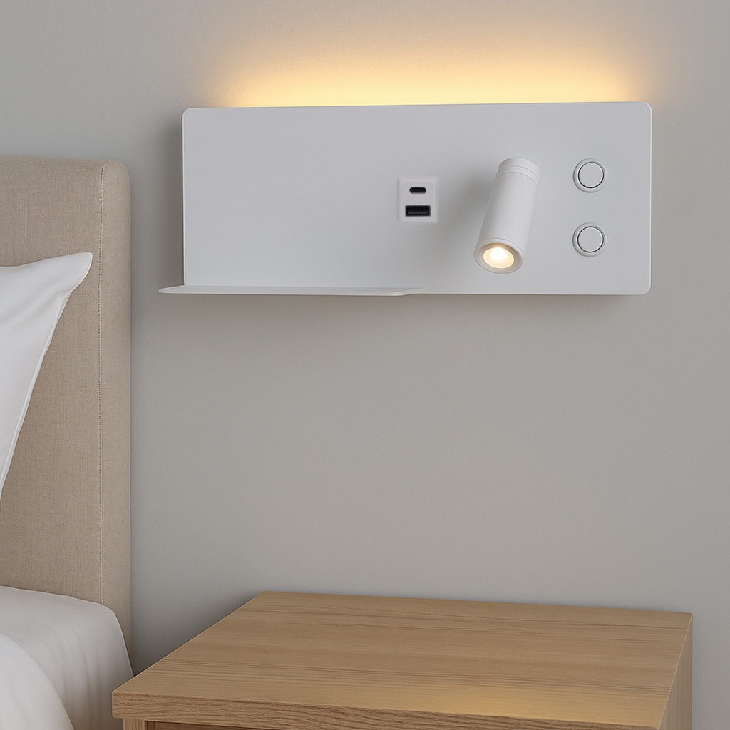 Aplique de pared para lectura con puerto USB - Iluminación ambiental 7W con foco lectura 3W 2700K "VIENA"(Izquierdo)
