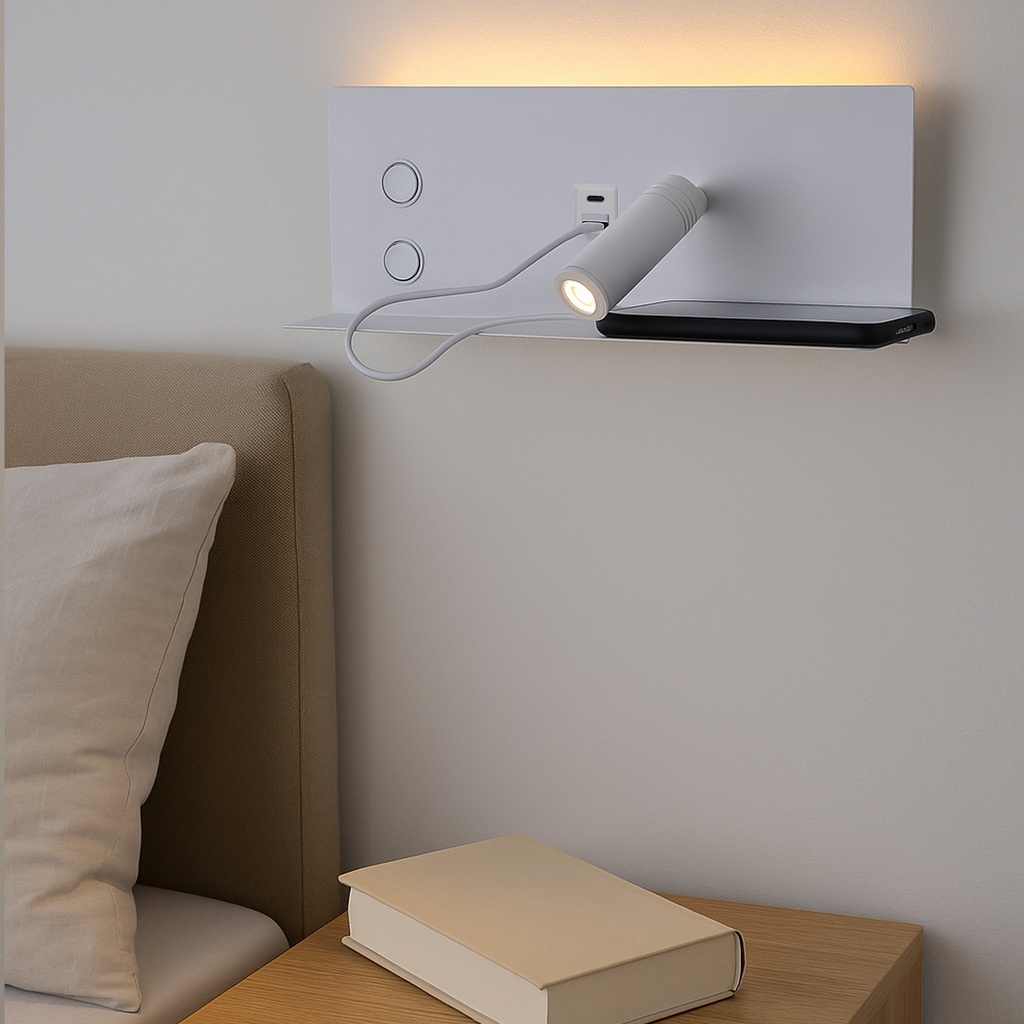 Aplique de pared para lectura con puerto USB - Iluminación ambiental 7W con foco lectura 3W 2700K "VIENA"(Izquierdo)