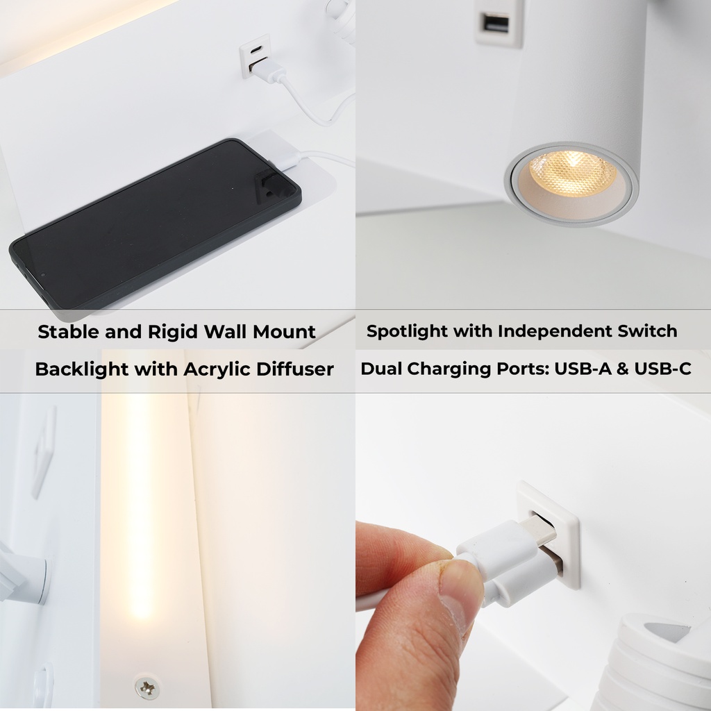 Aplique de pared para lectura con puerto USB - Iluminación ambiental 7W con foco lectura 3W 2700K "VIENA"(Izquierdo)