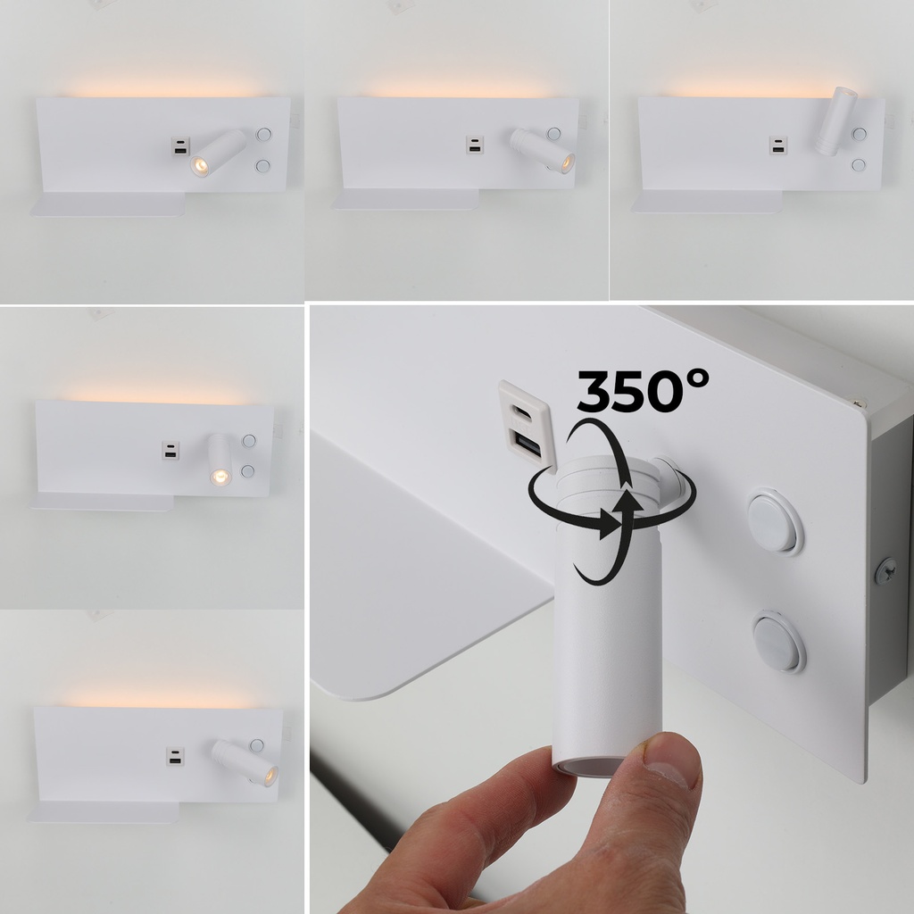 Aplique de pared para lectura con puerto USB - Iluminación ambiental 7W con foco lectura 3W 2700K "VIENA"(Izquierdo)