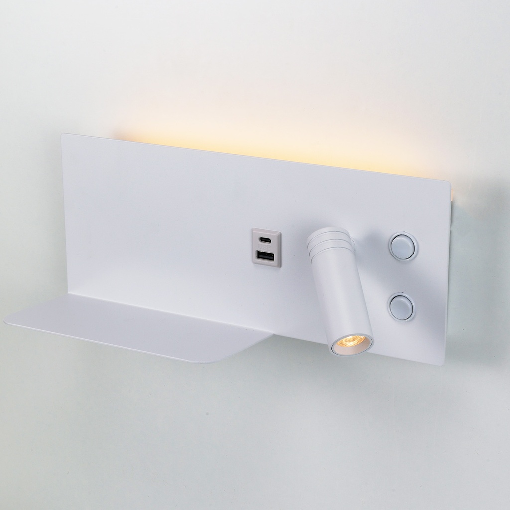 Aplique de pared para lectura con puerto USB - Iluminación ambiental 7W con foco lectura 3W 2700K "VIENA"(Izquierdo)