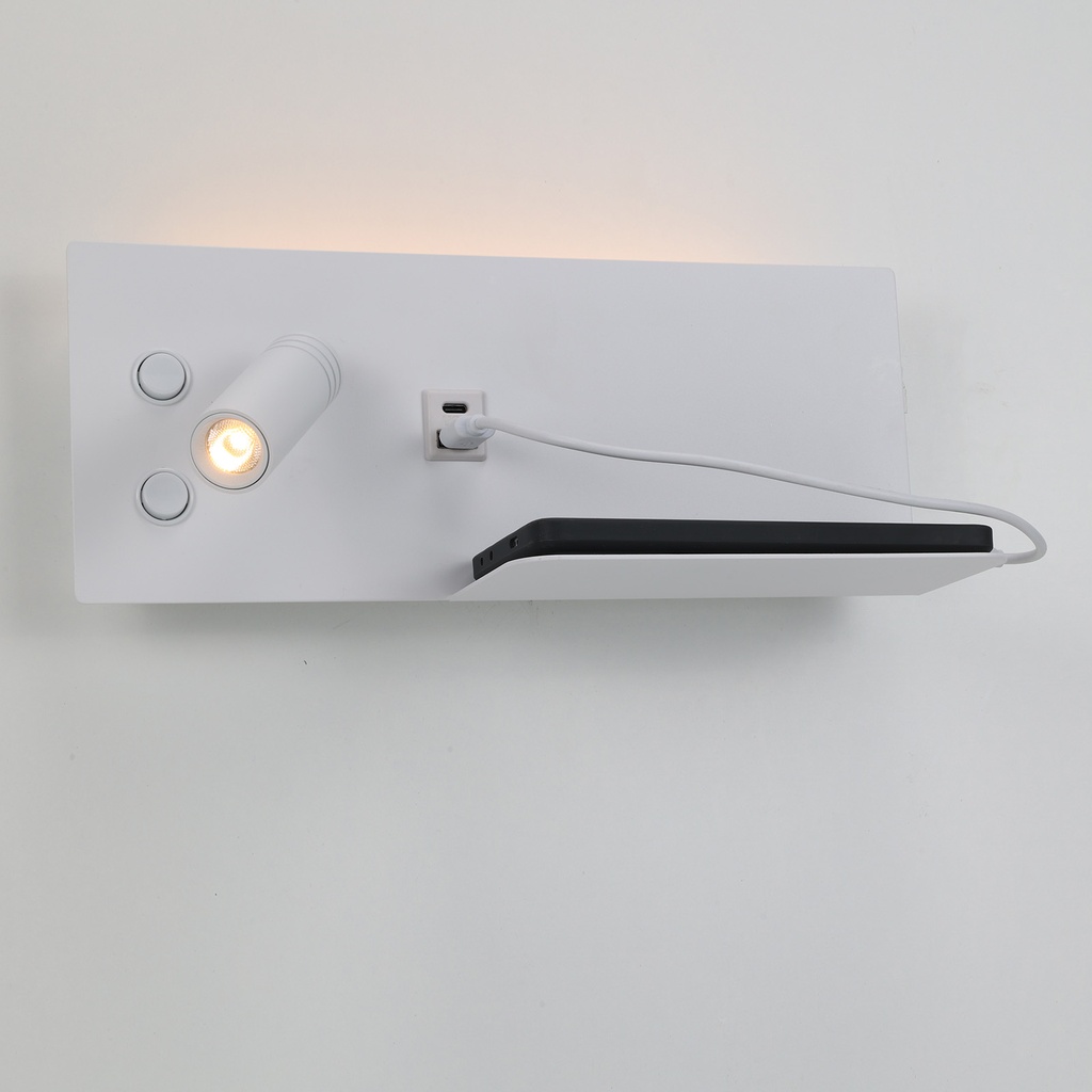 Aplique de pared para lectura con puerto USB - Iluminación ambiental 7W con foco lectura 3W 2700K "VIENA"(Izquierdo)