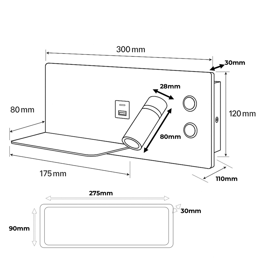 Aplique de pared para lectura con puerto USB - Iluminación ambiental 7W con foco lectura 3W 2700K "VIENA"(Izquierdo)