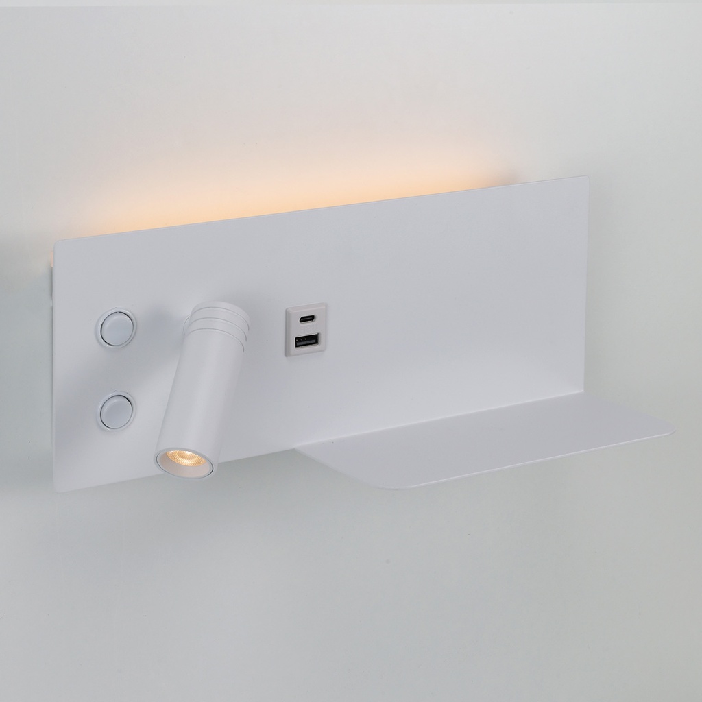 Aplique de pared para lectura con puerto USB - Iluminación ambiental 7W con foco lectura 3W 2700K "VIENA"(Derecho)