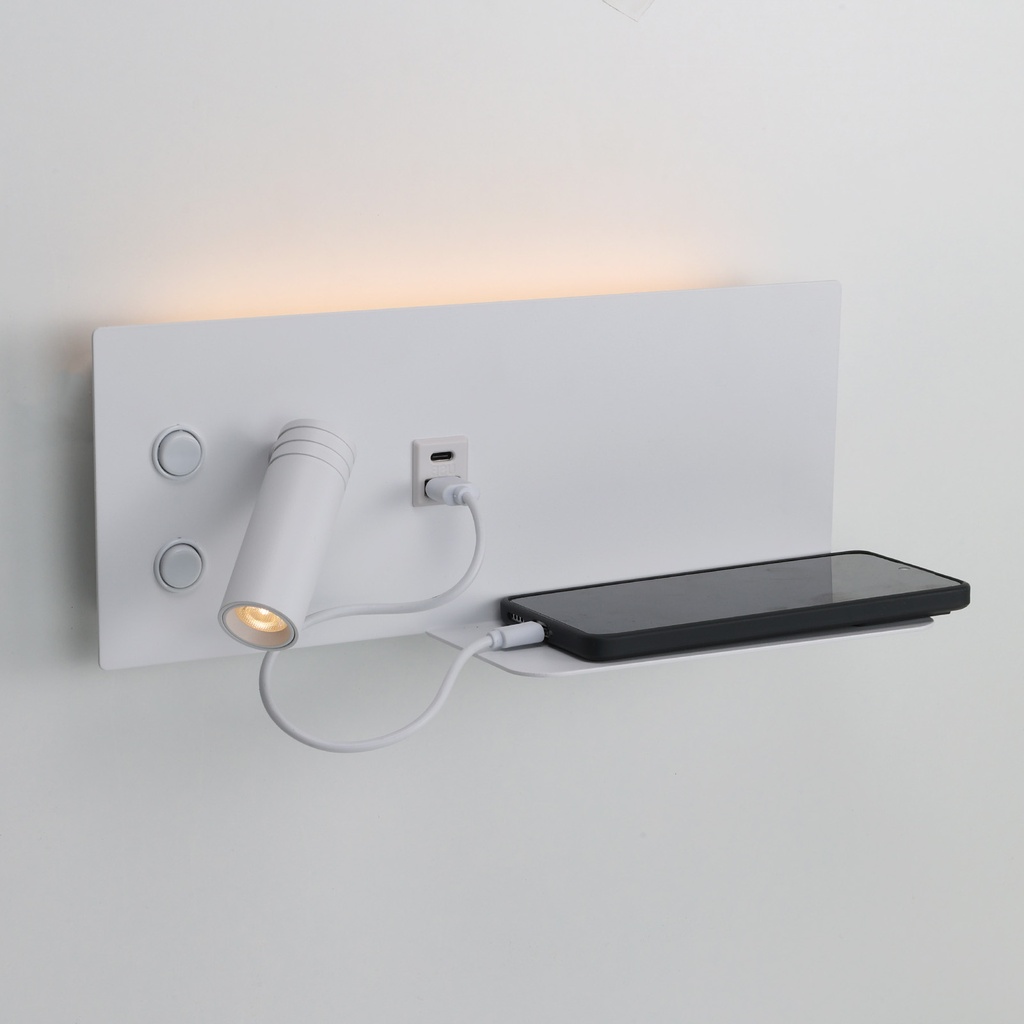 Aplique de pared para lectura con puerto USB - Iluminación ambiental 7W con foco lectura 3W 2700K "VIENA"(Derecho)