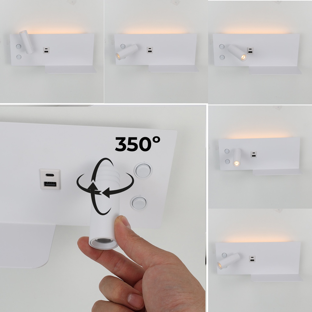 Aplique de pared para lectura con puerto USB - Iluminación ambiental 7W con foco lectura 3W 2700K "VIENA"(Derecho)