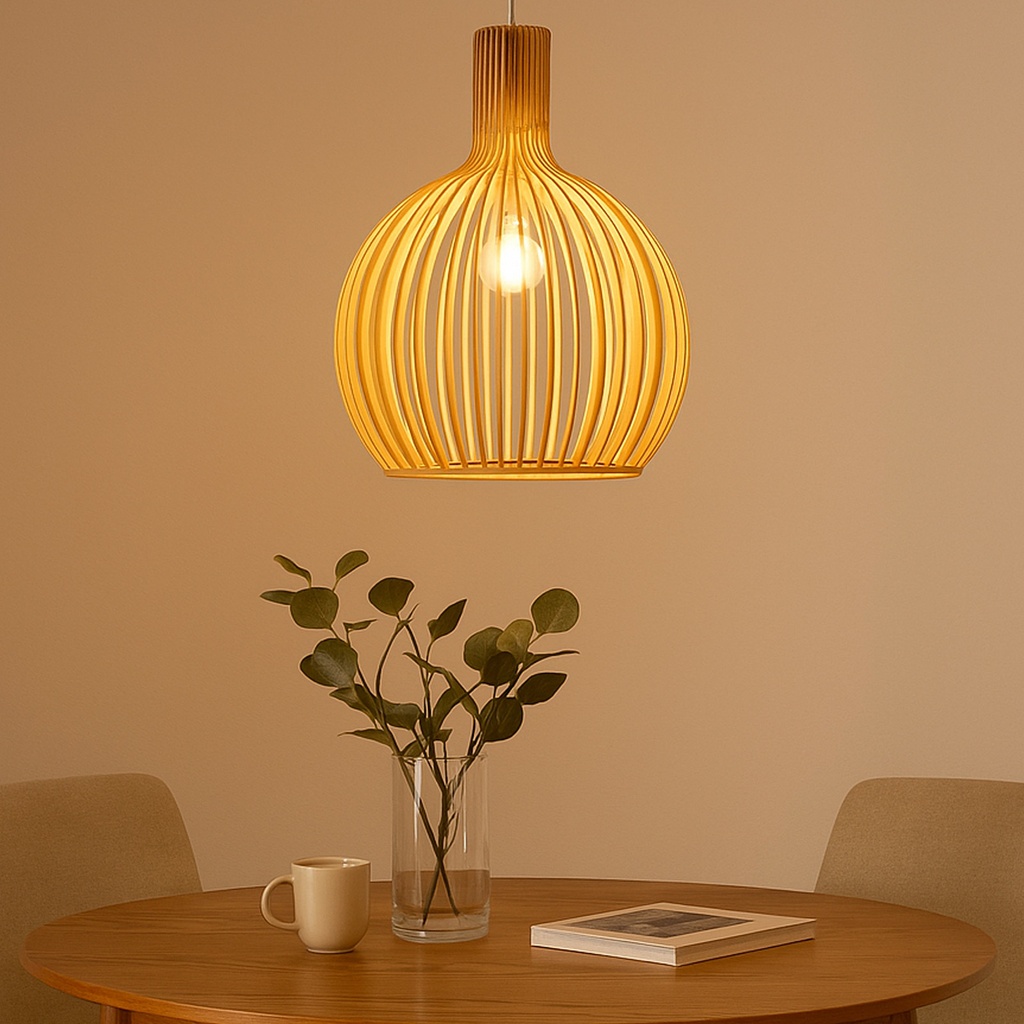 Lámpara Colgante de Madera Ø35cm "MINKA" – Pantalla Artesanal con Casquillo E27, Altura Ajustable, Estilo Nórdico para Cocina, Salón o Restaurante