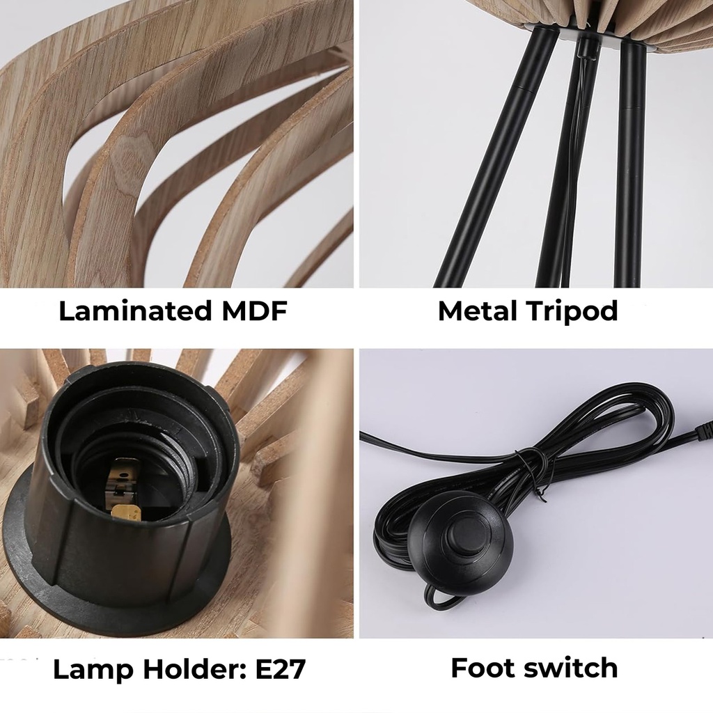 Lámpara de pie trípode madera "METTE", pantalla industrial, estilo bohemio moderno, con interruptor de pie, para sala E27.