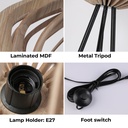 Lámpara de pie trípode madera "METTE", pantalla industrial, estilo bohemio moderno, con interruptor de pie, para sala E27.