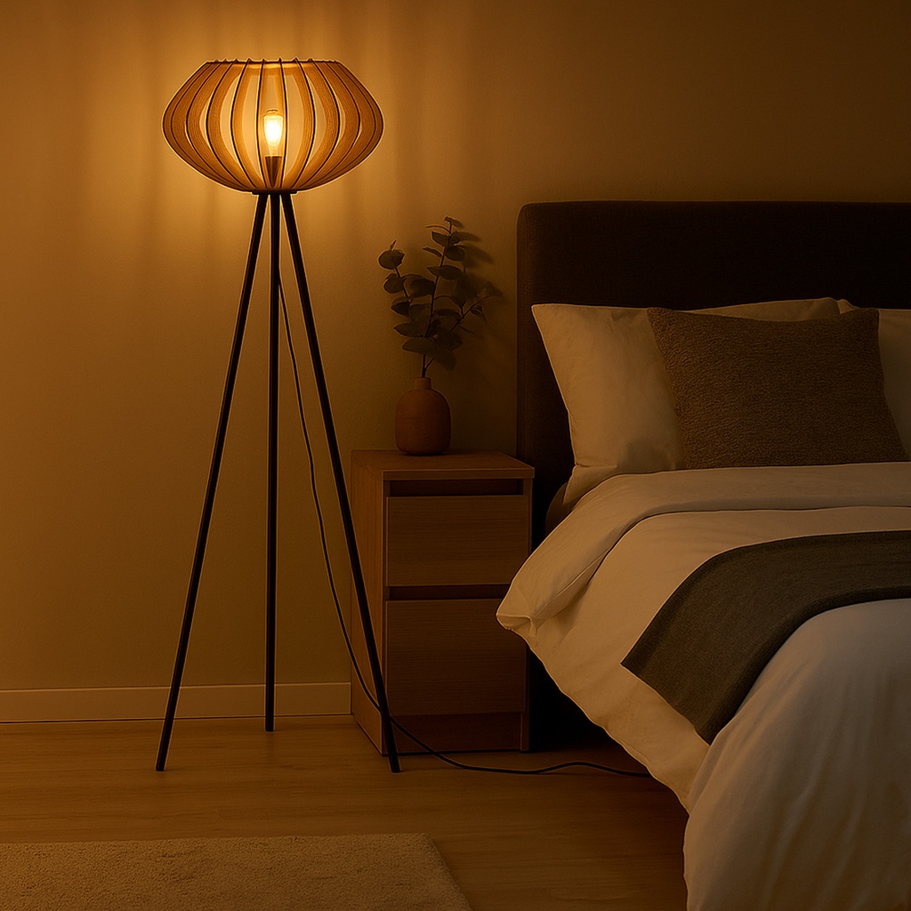 Lámpara de pie trípode madera "METTE", pantalla industrial, estilo bohemio moderno, con interruptor de pie, para sala E27.