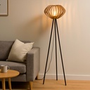 Lámpara de pie trípode madera "METTE", pantalla industrial, estilo bohemio moderno, con interruptor de pie, para sala E27.