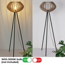 Lámpara de pie trípode madera "METTE", pantalla industrial, estilo bohemio moderno, con interruptor de pie, para sala E27.