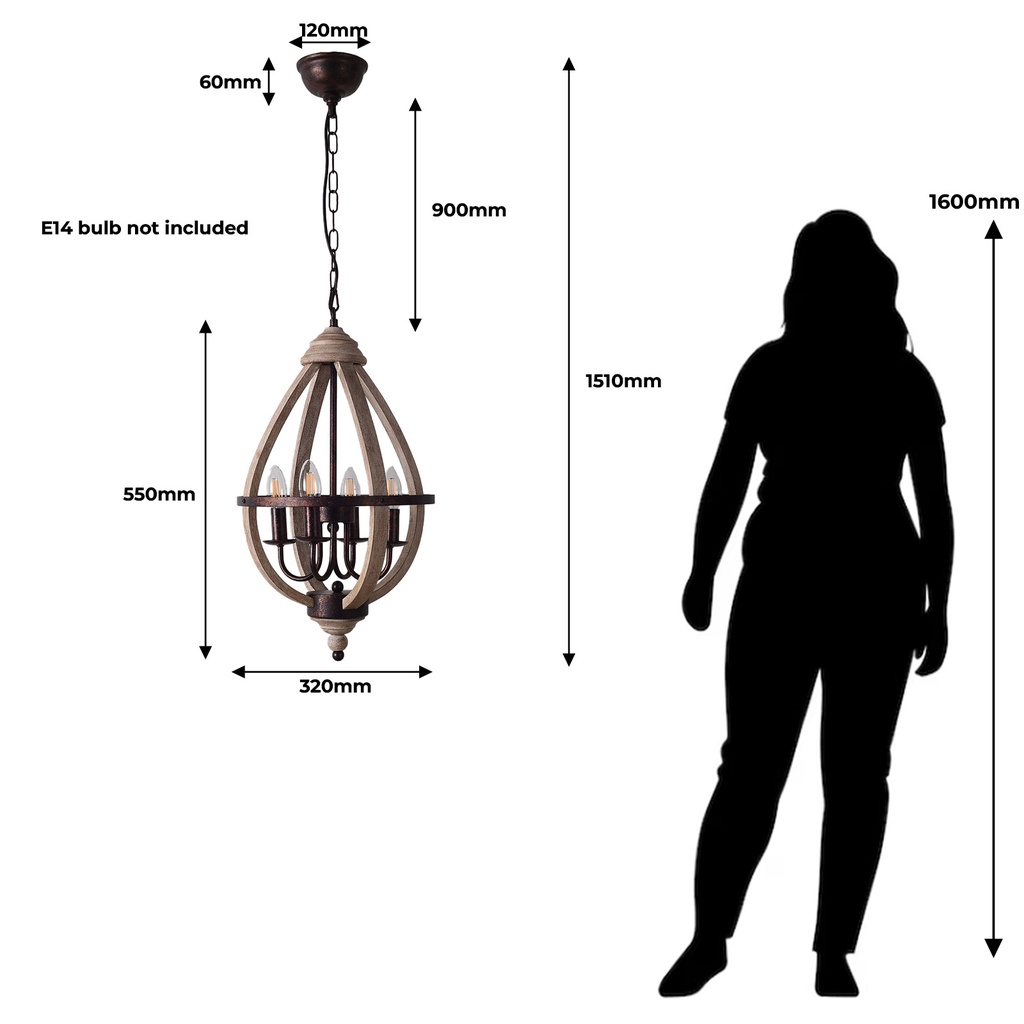 Lámpara de araña de granja, lámpara de madera de orbe, iluminación de entrada de 4 luces con acabado de metal óxido cepillado a mano, color marrón "Willow"