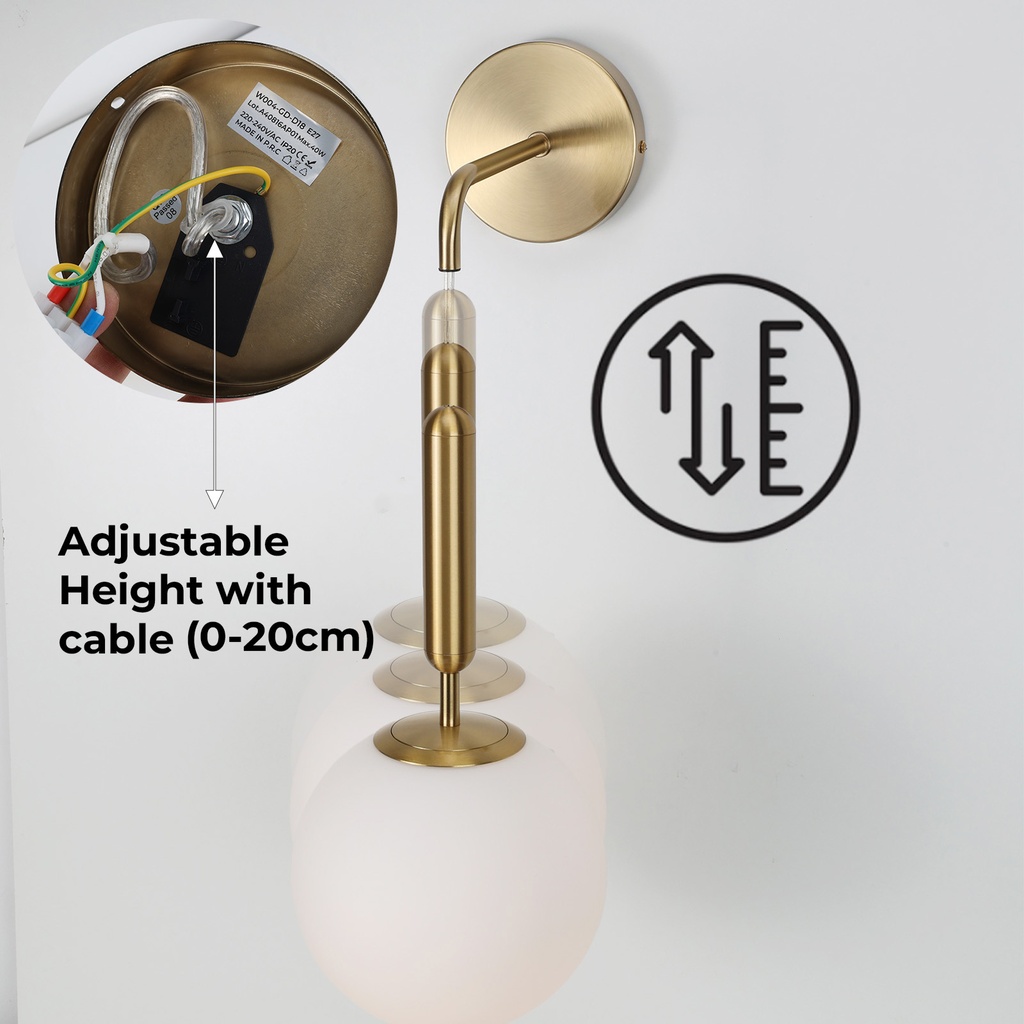 Lámpara de pared colgante nórdica minimalista latón dorado con bola de crsital "ATENAS" E27, Ø18 cm
