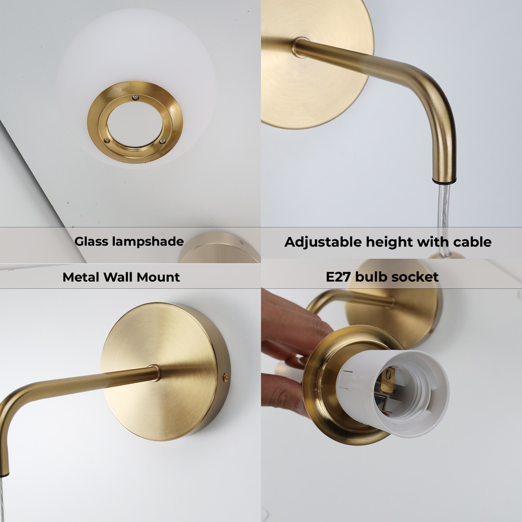 Lámpara de pared colgante nórdica minimalista latón dorado con bola de crsital "ATENAS" E27, Ø18 cm
