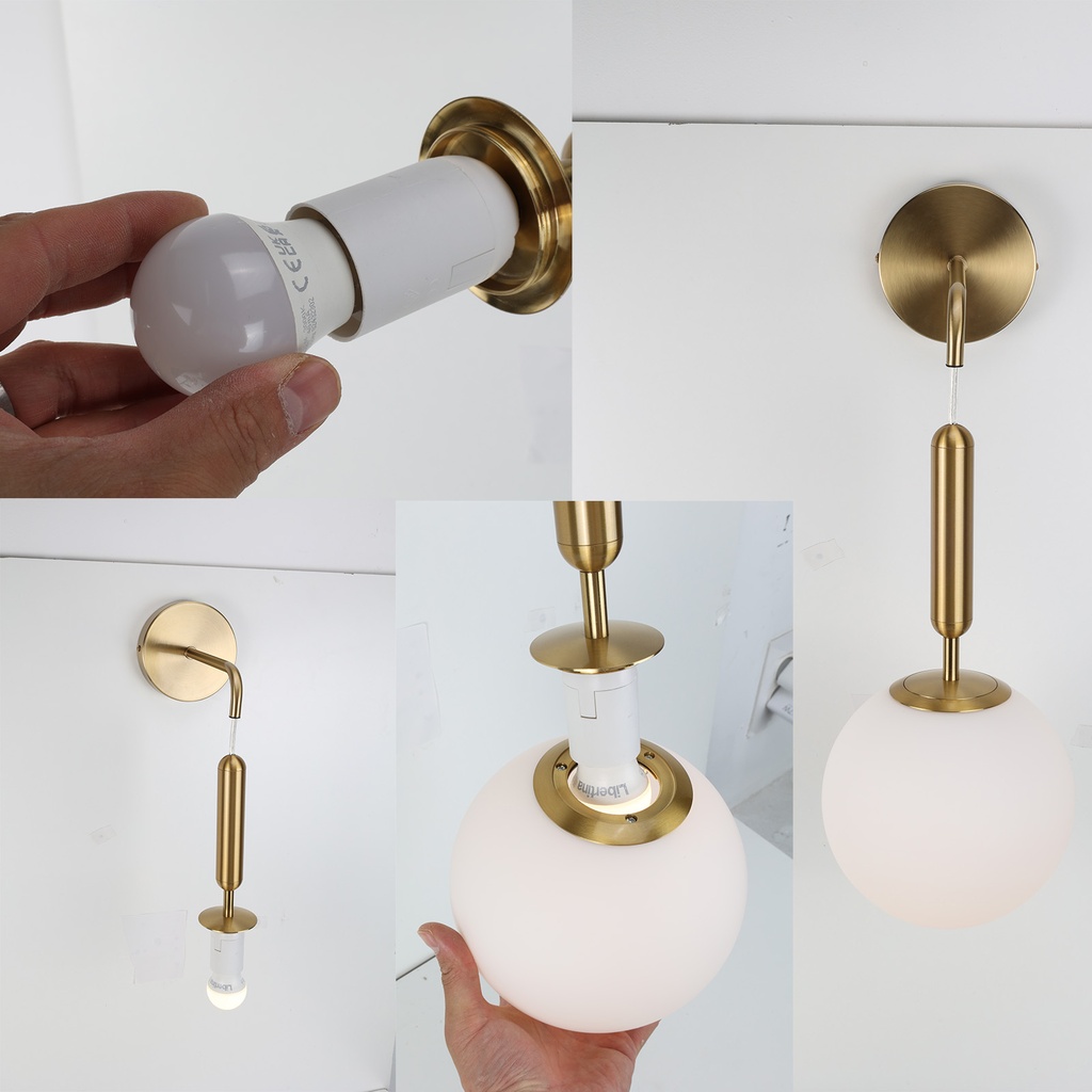 Lámpara de pared colgante nórdica minimalista latón dorado con bola de crsital "ATENAS" E27, Ø18 cm