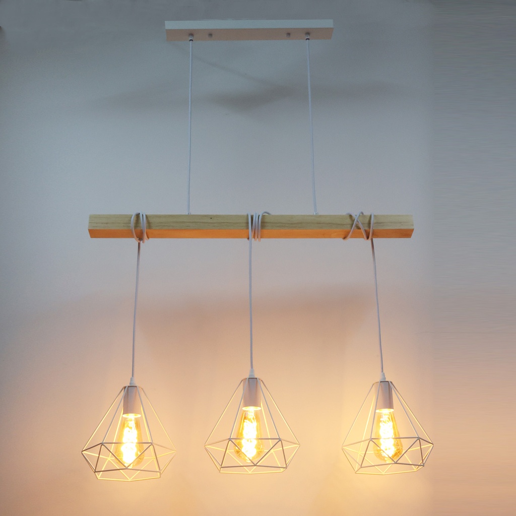 Lámpara Colgante "SANDY" con 3 luces – Madera y Metal con Pantallas de Jaula – Estilo Industrial Retro – Casquillo E27 – Cable Regulable – IP20 – Ideal para Salón, Dormitorio o Cocina