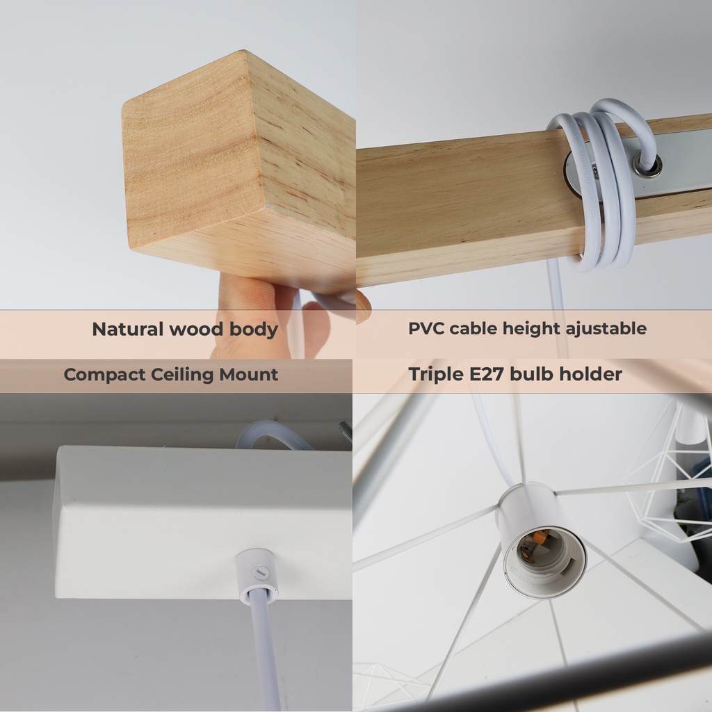Lámpara Colgante "SANDY" con 3 luces – Madera y Metal con Pantallas de Jaula – Estilo Industrial Retro – Casquillo E27 – Cable Regulable – IP20 – Ideal para Salón, Dormitorio o Cocina