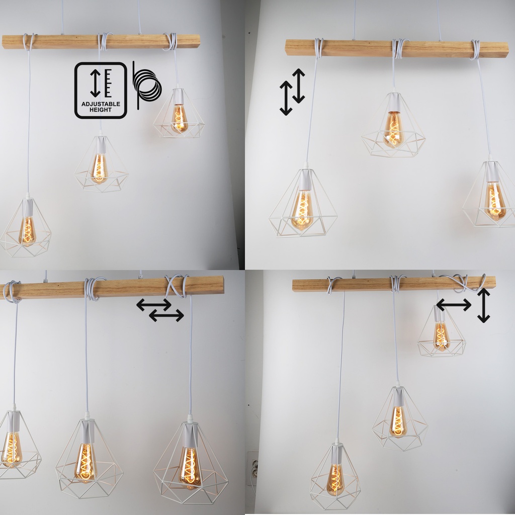 Lámpara Colgante "SANDY" con 3 luces – Madera y Metal con Pantallas de Jaula – Estilo Industrial Retro – Casquillo E27 – Cable Regulable – IP20 – Ideal para Salón, Dormitorio o Cocina