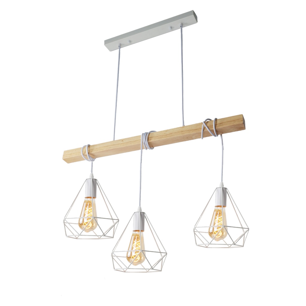 Lámpara Colgante "SANDY" con 3 luces – Madera y Metal con Pantallas de Jaula – Estilo Industrial Retro – Casquillo E27 – Cable Regulable – IP20 – Ideal para Salón, Dormitorio o Cocina