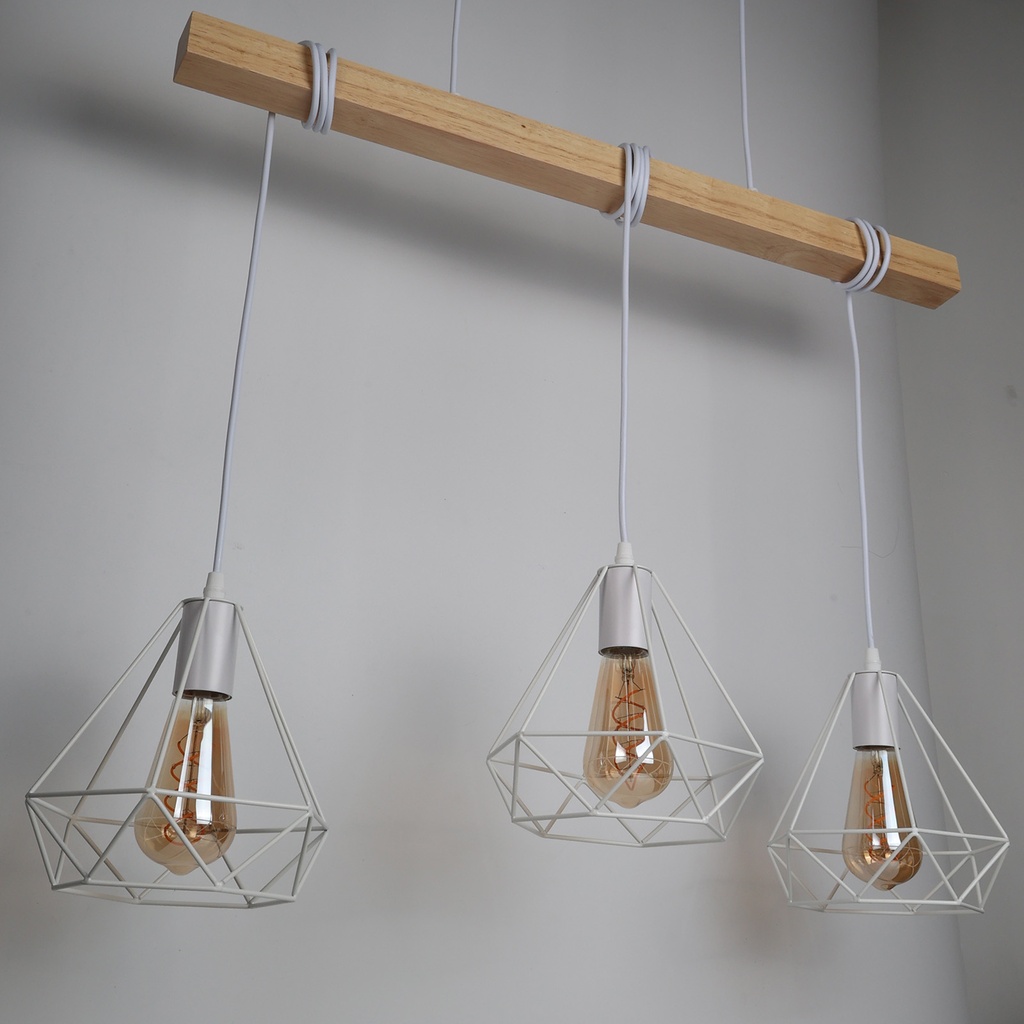 Lámpara Colgante "SANDY" con 3 luces – Madera y Metal con Pantallas de Jaula – Estilo Industrial Retro – Casquillo E27 – Cable Regulable – IP20 – Ideal para Salón, Dormitorio o Cocina
