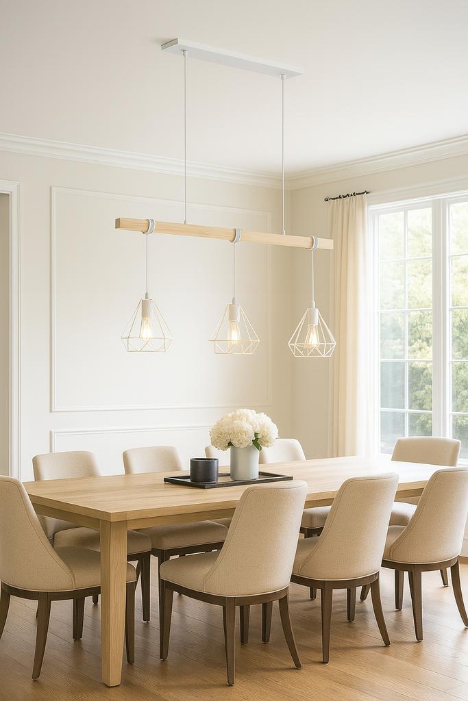 Lámpara Colgante "SANDY" con 3 luces – Madera y Metal con Pantallas de Jaula – Estilo Industrial Retro – Casquillo E27 – Cable Regulable – IP20 – Ideal para Salón, Dormitorio o Cocina